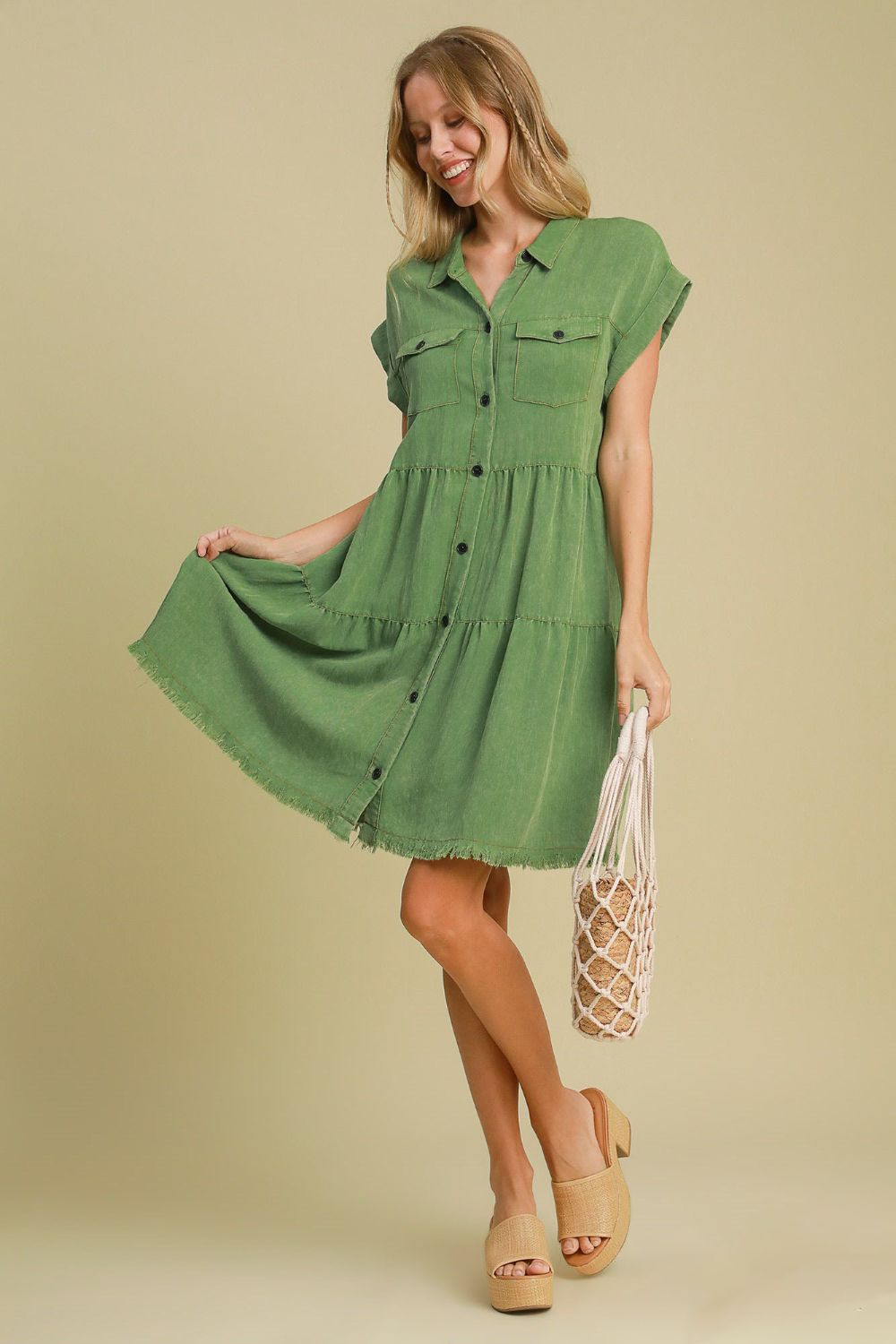 Umgee Full Size Frayed Hemline Button Down Shirt Dress Plus Size - Clothes For Her Online Store