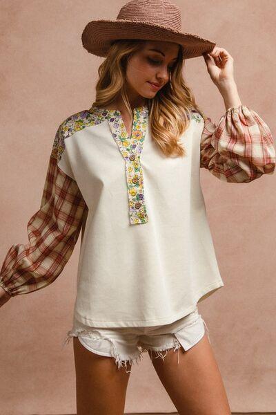 BiBi Floral Notched Plaid Balloon Sleeve Top - Clothes For Her Online Store