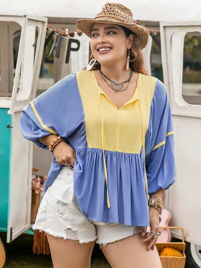 Plus Size Ruched Tie Neck Balloon Sleeve Blouse - Clothes For Her Online Store