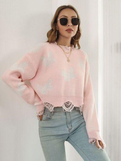 Distressed Butterfly Cropped Sweater - Clothes For Her Online Store