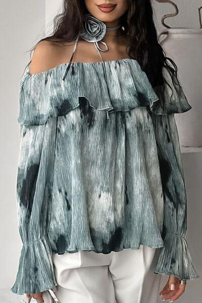Printed Ruffled Off-Shoulder Blouse with Flower Neck Tie - Clothes For Her Online Store