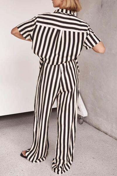 Striped Collared Neck Half Sleeve Top and Pants Set - Clothes For Her Online Store
