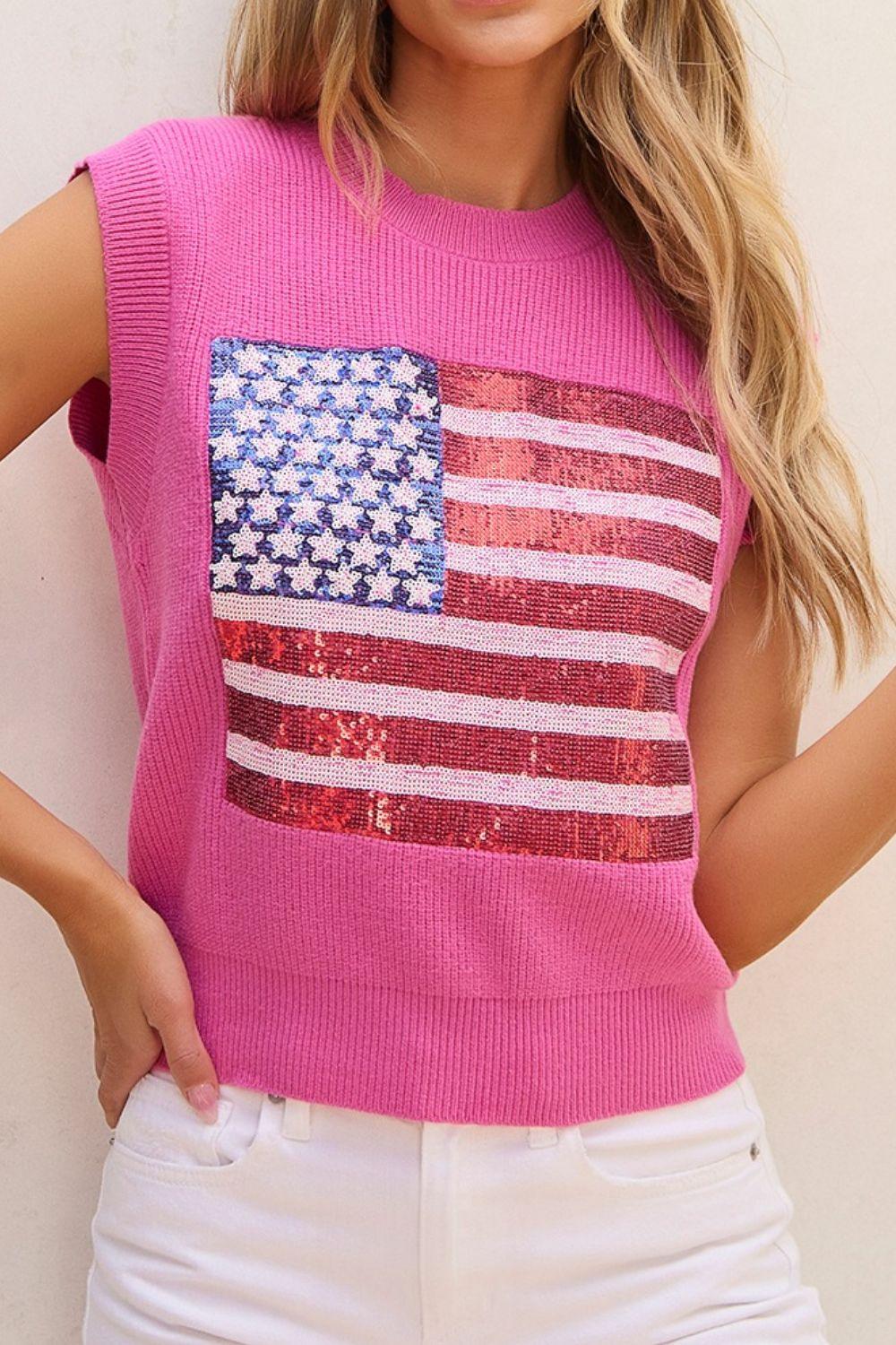 Sequin US Flag Round Neck Sweater Vest - Clothes For Her Online Store
