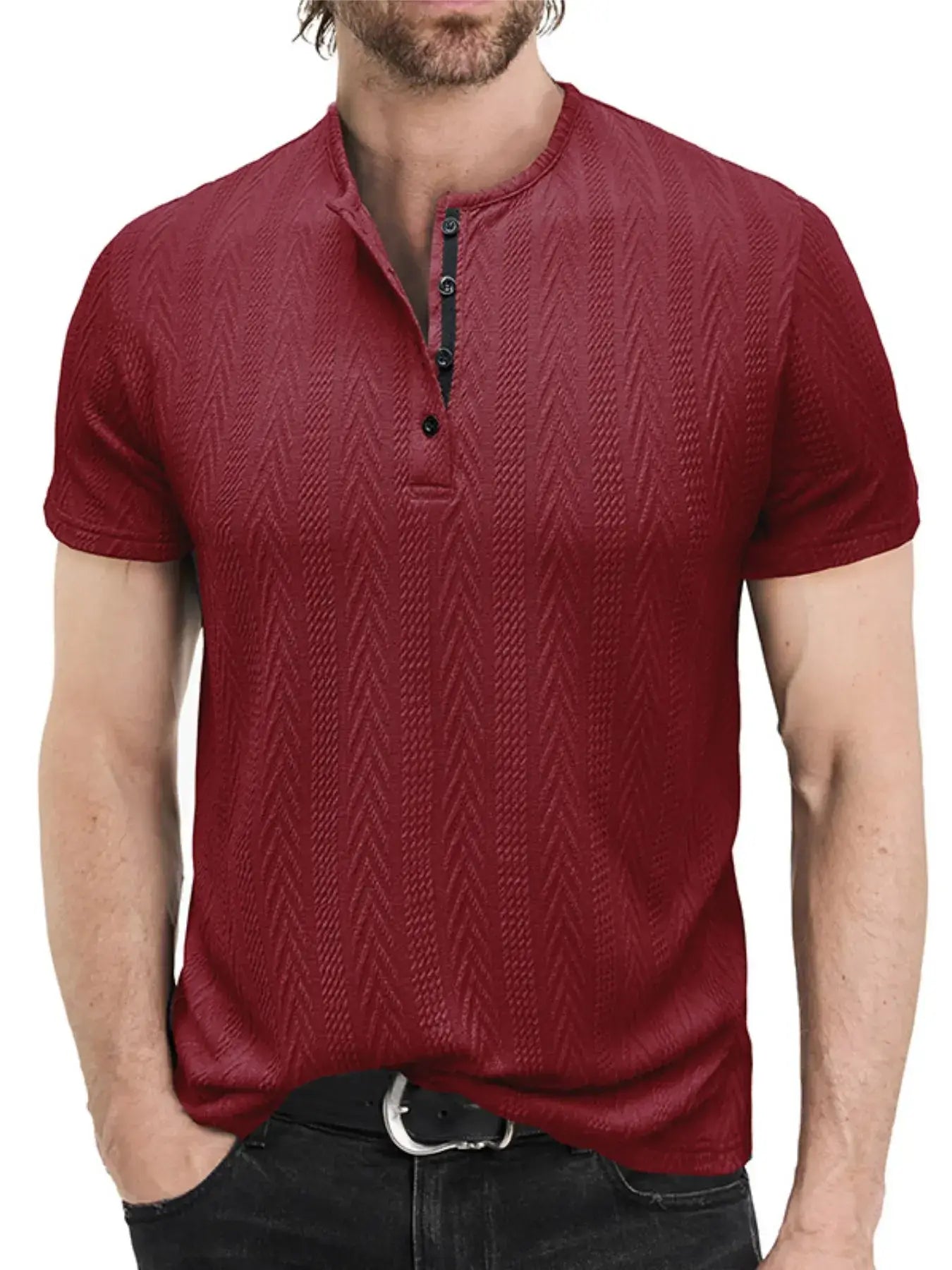 Men's Textured Chevron Pattern Henley Polo Shirt