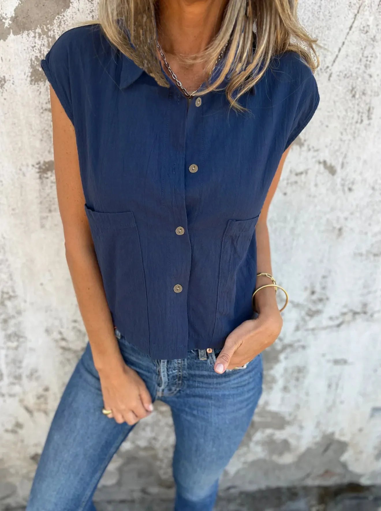 Full Size Button Down Cap Sleeve Linen Shirt Plus Size