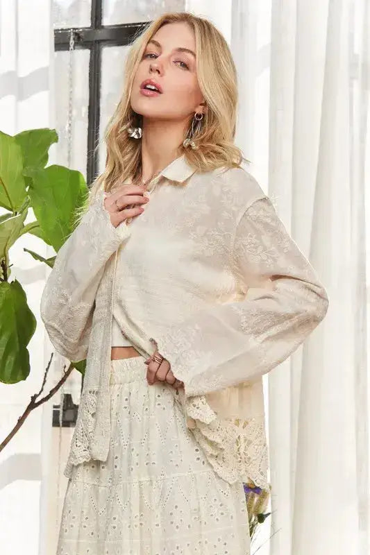 ADORA Crochet Lace Long Sleeves Button Down Shirt - Clothes For Her Online Store
