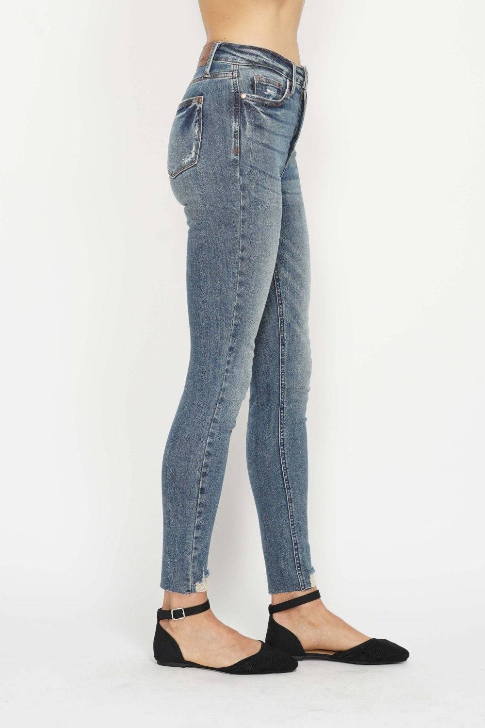 Judy Blue Full Size Tummy Control Vintage Wash Hem Destroy Skinny Jeans - Clothes For Her Online Store