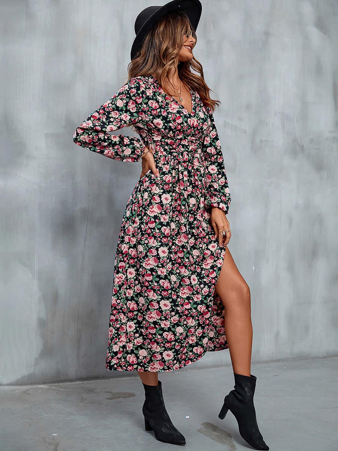 Perfee Floral V-Neck Slit Midi Dress - Clothes For Her Online Store