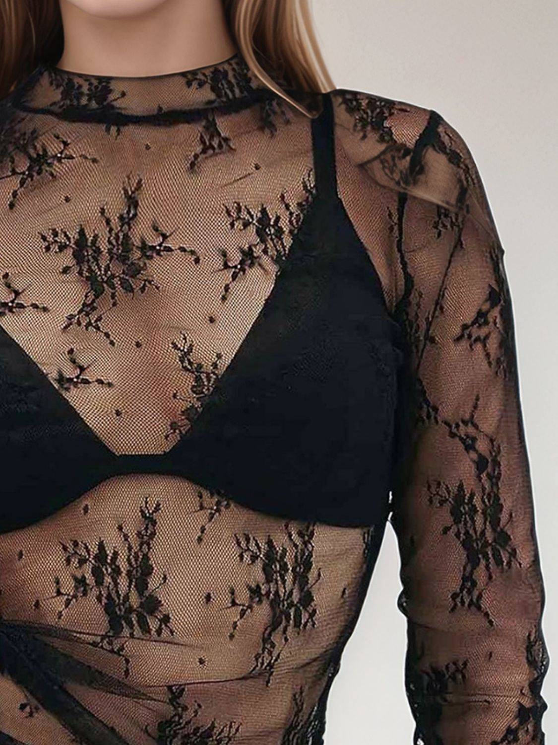 Floral Mock Neck Long Sleeve Mesh Top - Clothes For Her Online Store