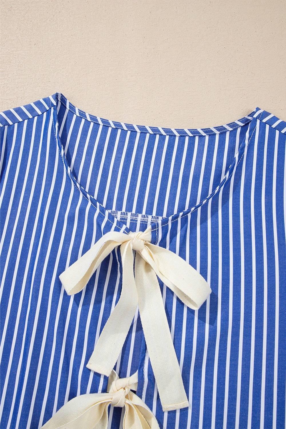 Stripe Tied Front Puff Short Sleeve Top - Clothes For Her Online Store
