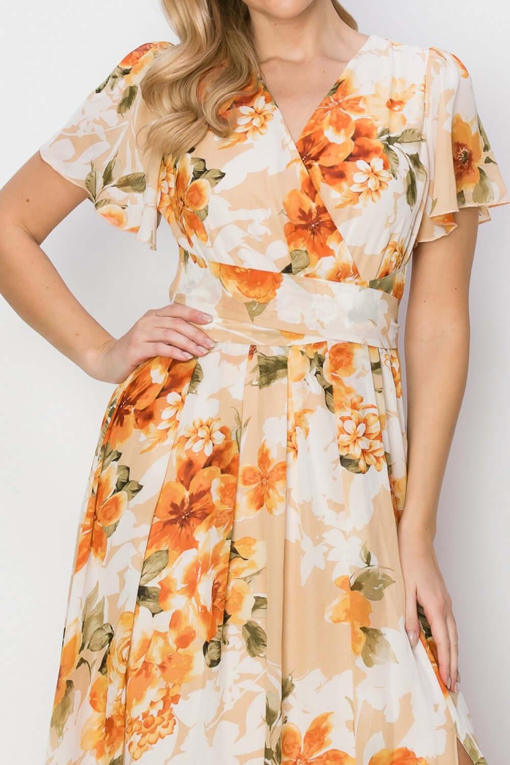 HYFVE Floral Tie Back Short Sleeve Slit Maxi Dress - Clothes For Her Online Store
