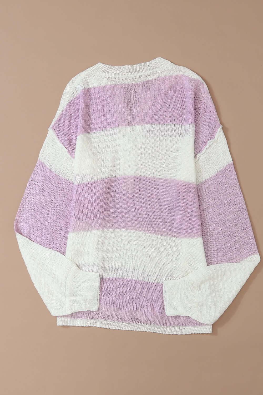 Striped Half Button Ribbed Sweater - Clothes For Her Online Store
