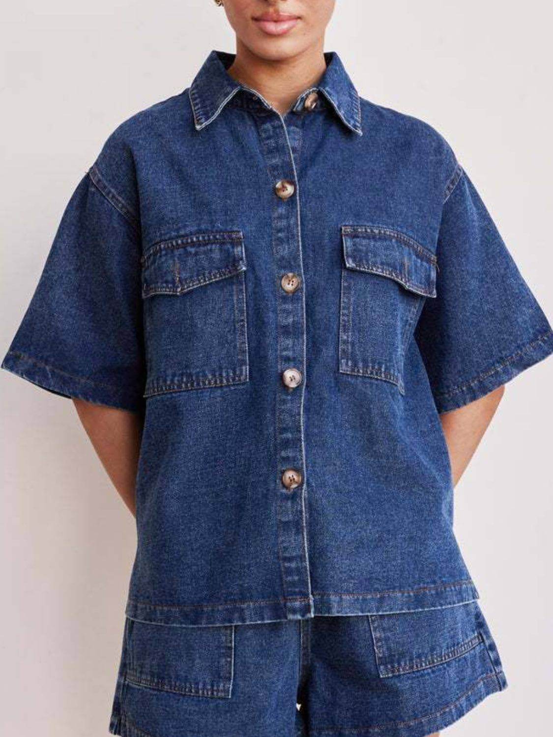Button Up Half Sleeve Denim Shirt - Clothes For Her Online Store