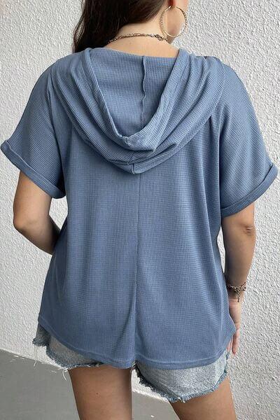 Plus Size Waffle-Knit Half Button Short Sleeve Hoodie - Clothes For Her Online Store
