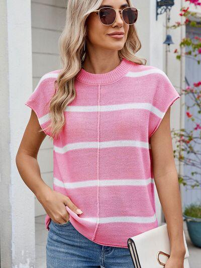 Exposed Seam Striped Round Neck Knit Top - Clothes For Her Online Store