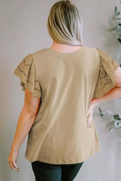 Plus Size Eyelet Round Neck Short Sleeve Blouse - Clothes For Her Online Store