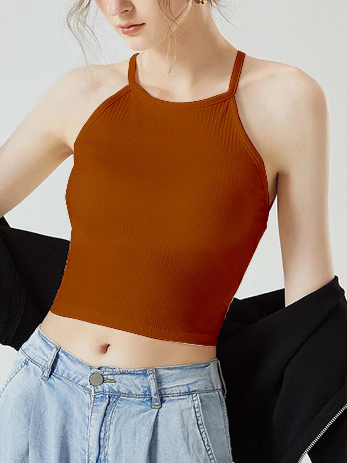 Grecian Neck Cropped Tank with Chest Pads - Clothes For Her Online Store