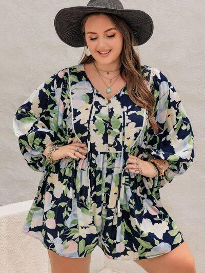 Plus Size Tied Printed Long Sleeve Romper - Clothes For Her Online Store