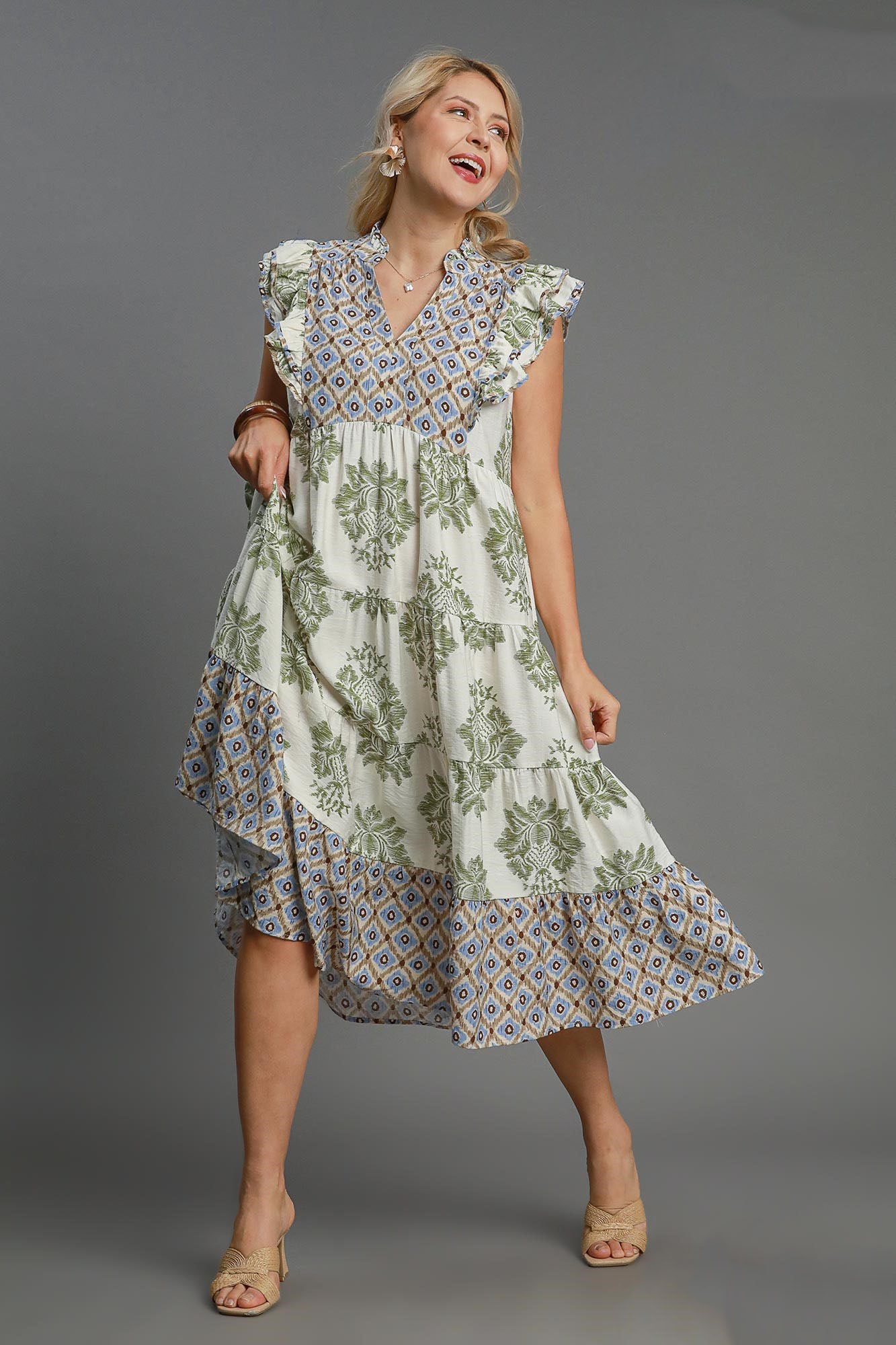 Umgee Full Size Mixed Print Ruffle Cap Sleeve Midi Dress Plus Size - Clothes For Her Online Store