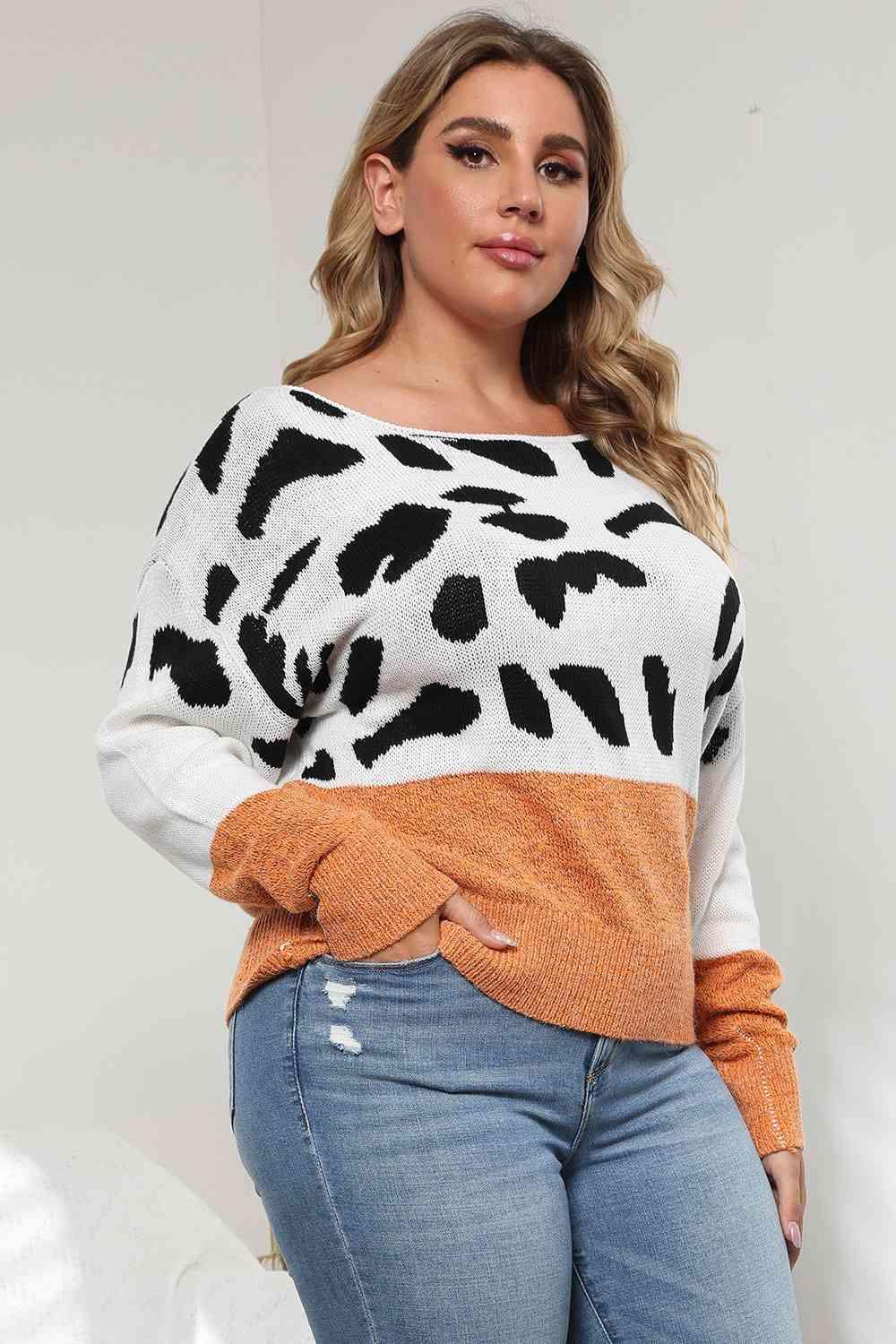 Plus Size Leopard Round Neck Long Sleeve Sweater - Clothes For Her Online Store