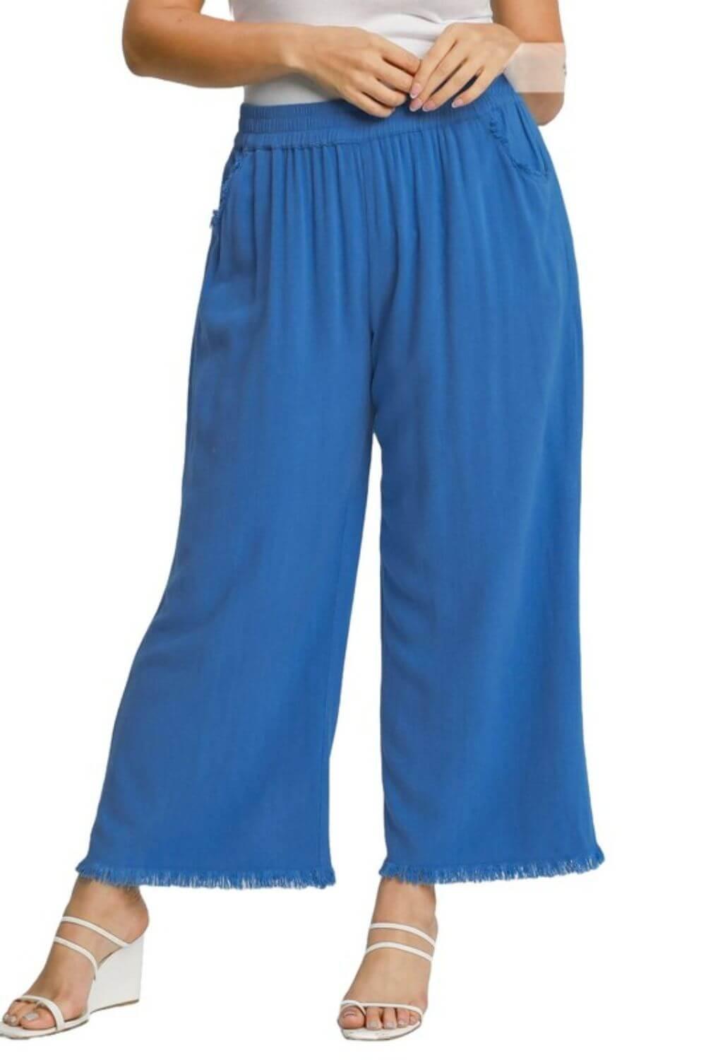 Umgee Full Size Linen Blend Elastic Waistband Wide Leg Pants Plus Size - Clothes For Her Online Store