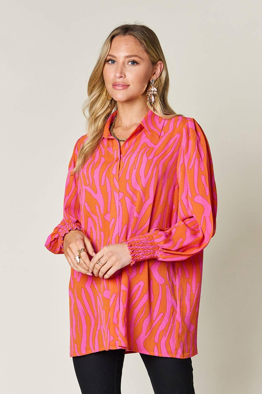 Double Take Full Size Printed Smocked Long Sleeve Blouse - Clothes For Her Online Store