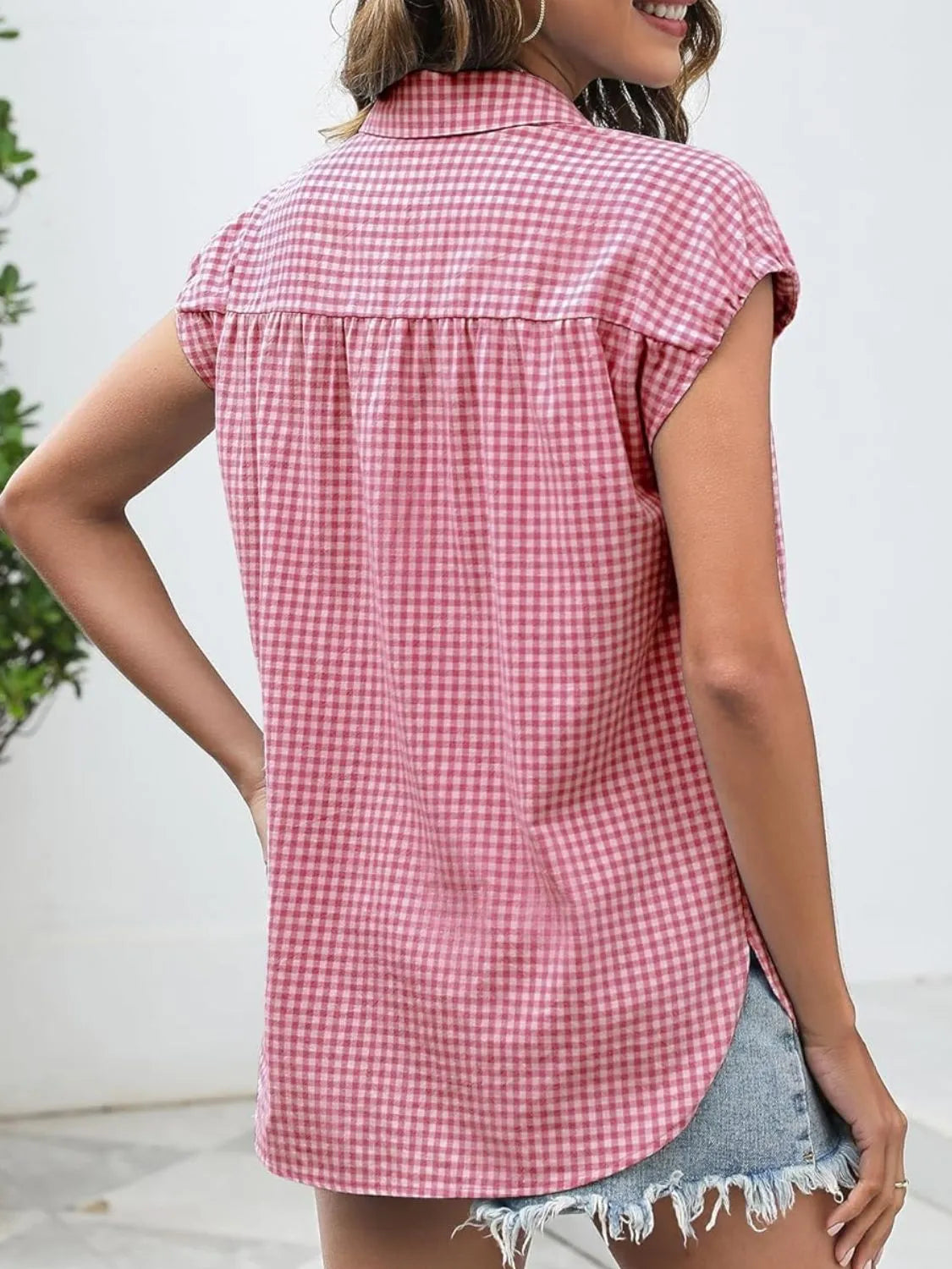 Plaid Button Up Cap Sleeve Shirt