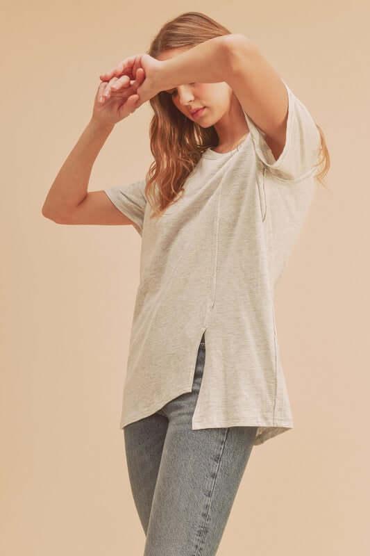 Aemi + Co Asymmetrical Front Slit Round Neck Raglan Sleeve T-Shirt - Clothes For Her Online Store