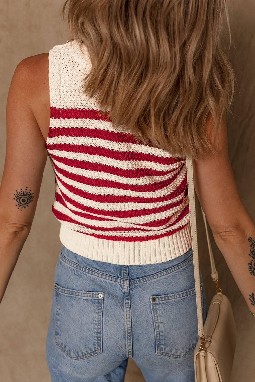 Stripe Textured Knit Ribbed Hem Sweater Tank - Clothes For Her Online Store