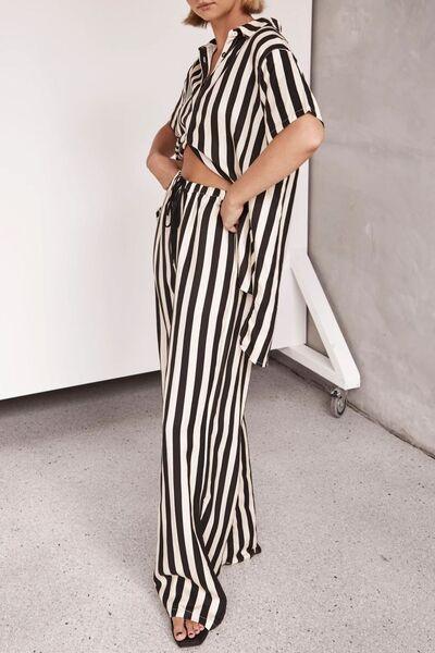 Striped Collared Neck Half Sleeve Top and Pants Set - Clothes For Her Online Store