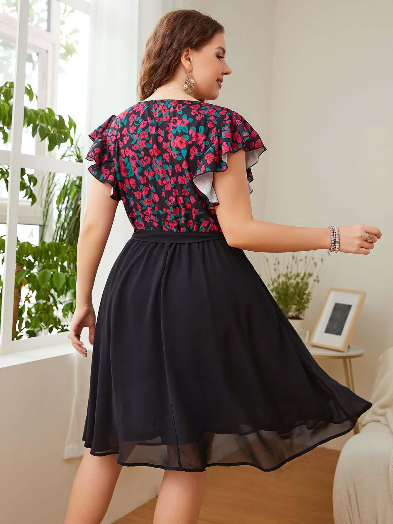 Honey Plus Size Floral Surplice Neck Flutter Sleeve Dress - Clothes For Her Online Store