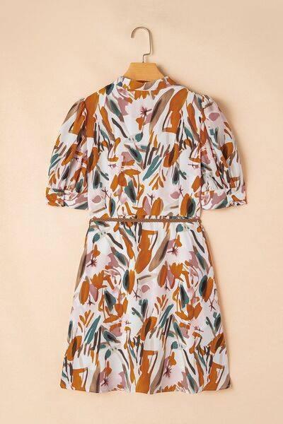 Printed Notched Short Sleeve Mini Dress - Clothes For Her Online Store