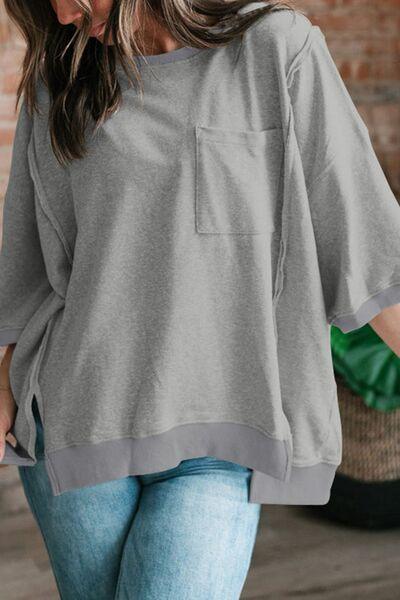 Exposed Seam Side Slit Round Neck Top - Clothes For Her Online Store