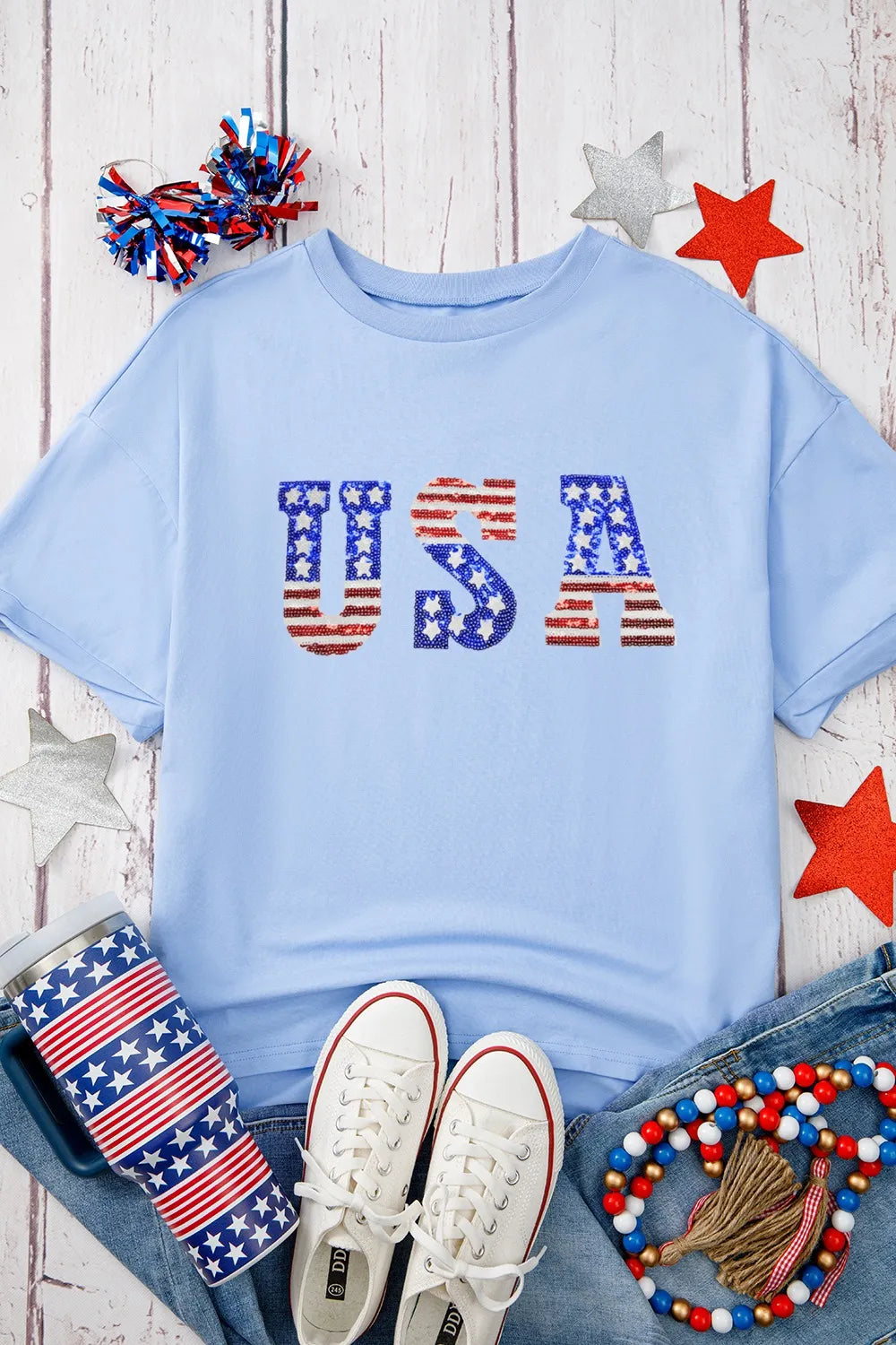 USA Patched Drop Sleeve Crewneck T Shirt