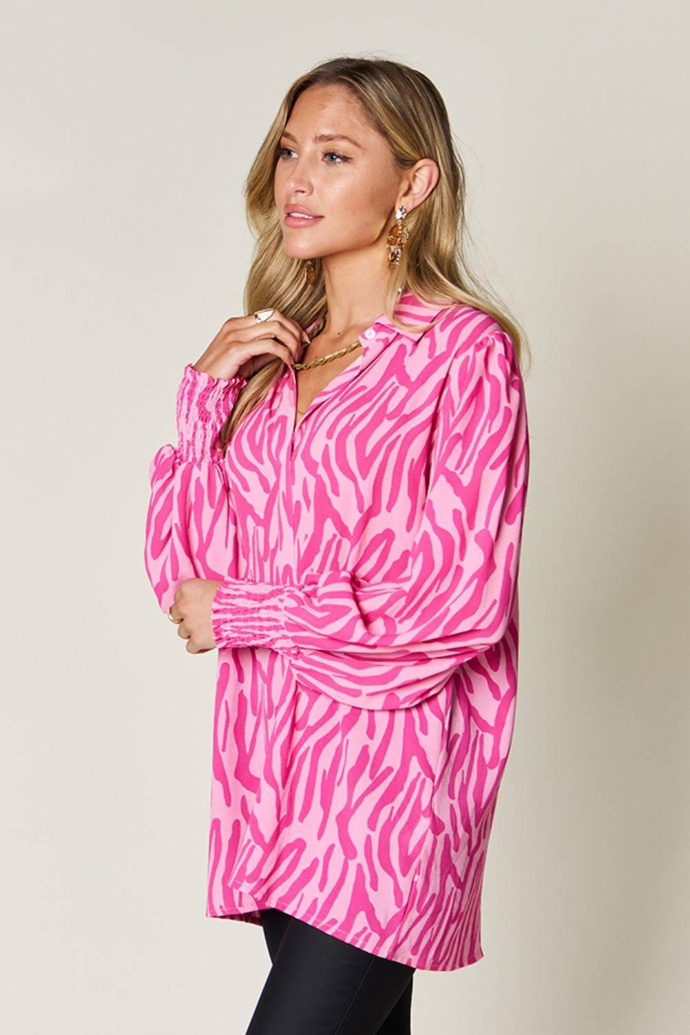 Double Take Full Size Printed Smocked Long Sleeve Blouse - Clothes For Her Online Store