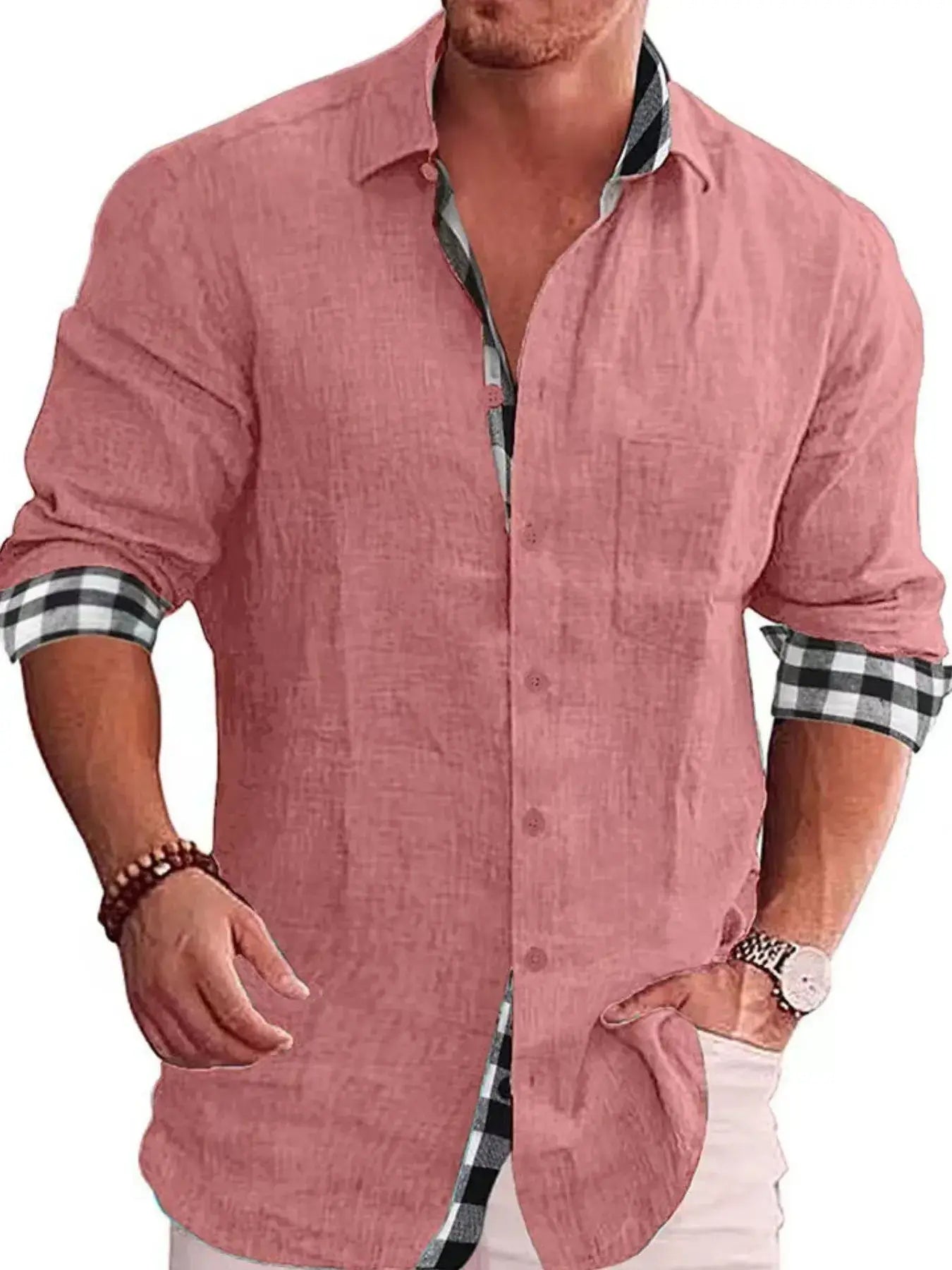 Men's Full Size Casual Linen Plaid-Trim Button Down Shirt Plus Size