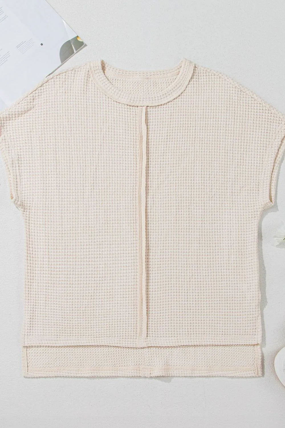 Solid Color Textured Seamed Short Sleeve Top