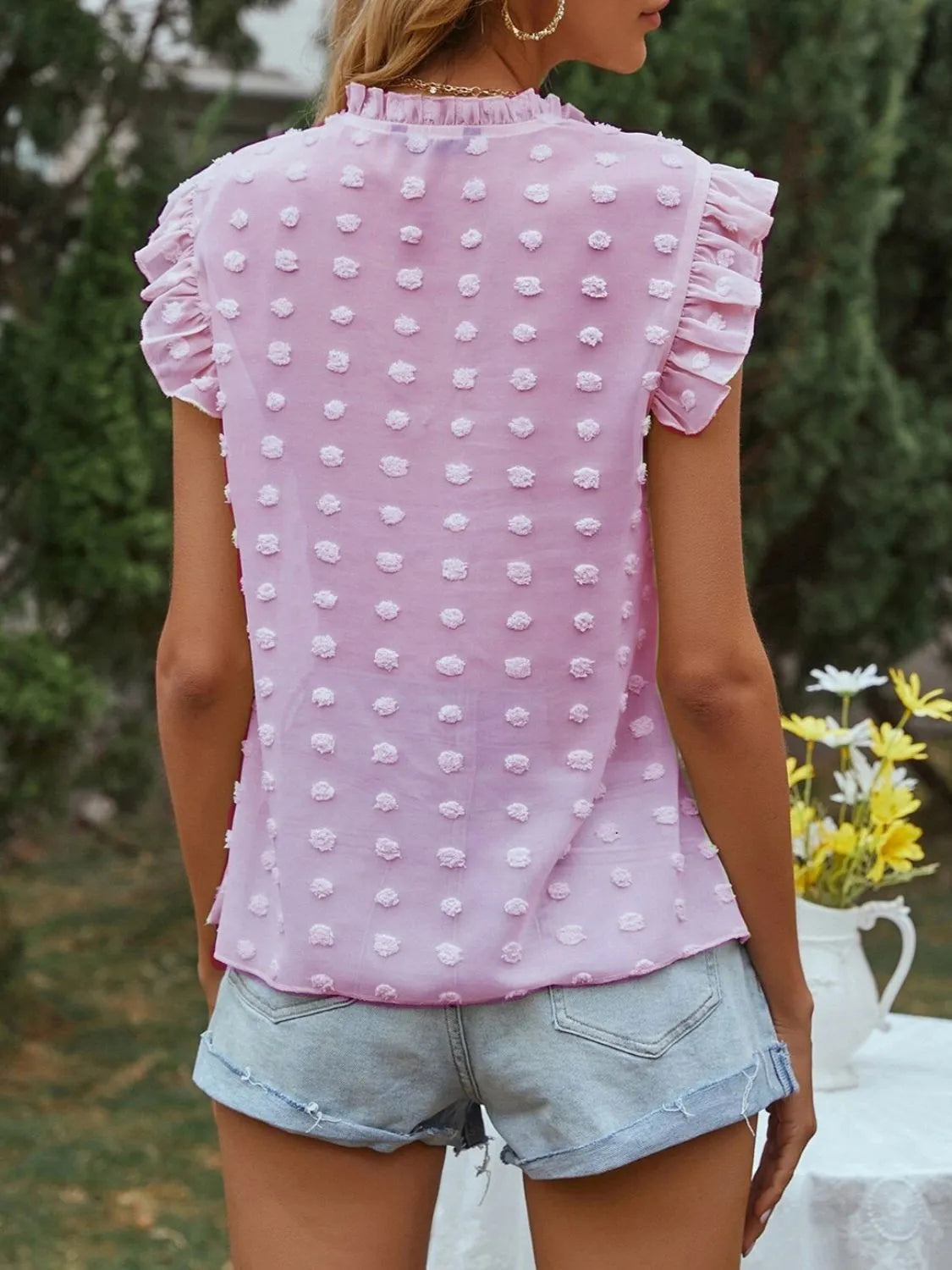 Frill Tie Neck Cap Sleeve Blouse