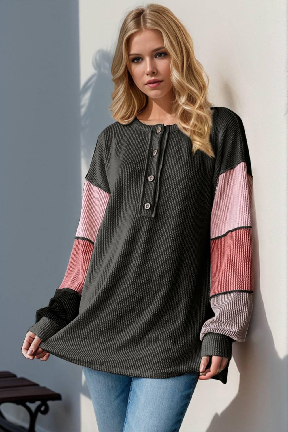 Double Take Full Size Color Block Round Neck Long Sleeve T-Shirt - Clothes For Her Online Store