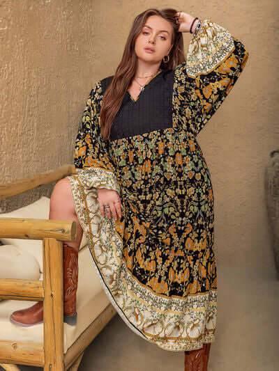 Plus Size Floral V-Neck Balloon Sleeve Midi Dress - Clothes For Her Online Store