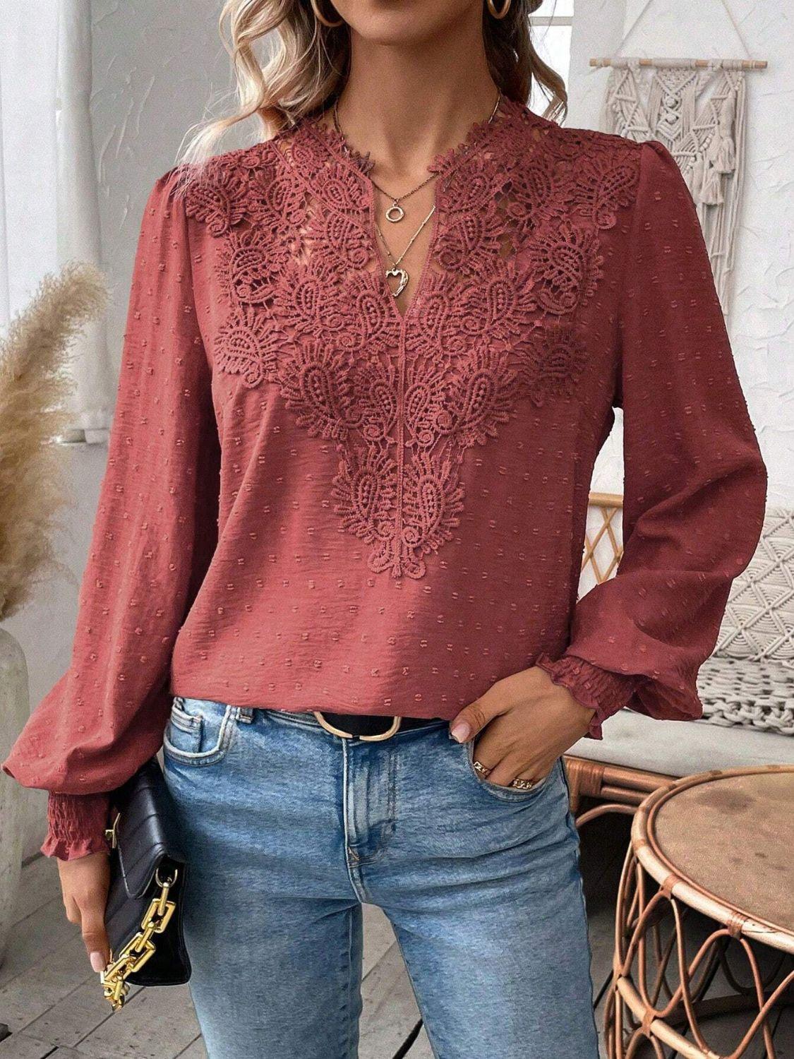 Swiss Dot Lace Detail Notched Long Sleeve Blouse - Clothes For Her Online Store