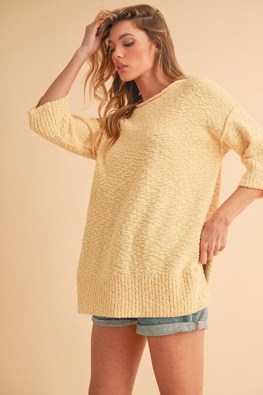 Aemi + Co Side Slit Ribbed Hem Round Neck Sweater - Clothes For Her Online Store