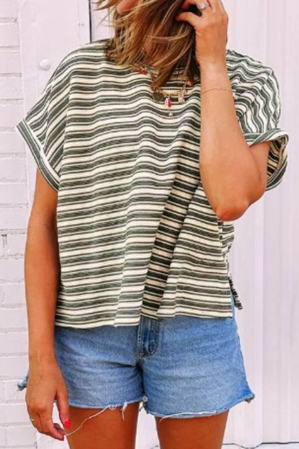 Stripe Textured Side Slit Crew Neck T-Shirt - Clothes For Her Online Store