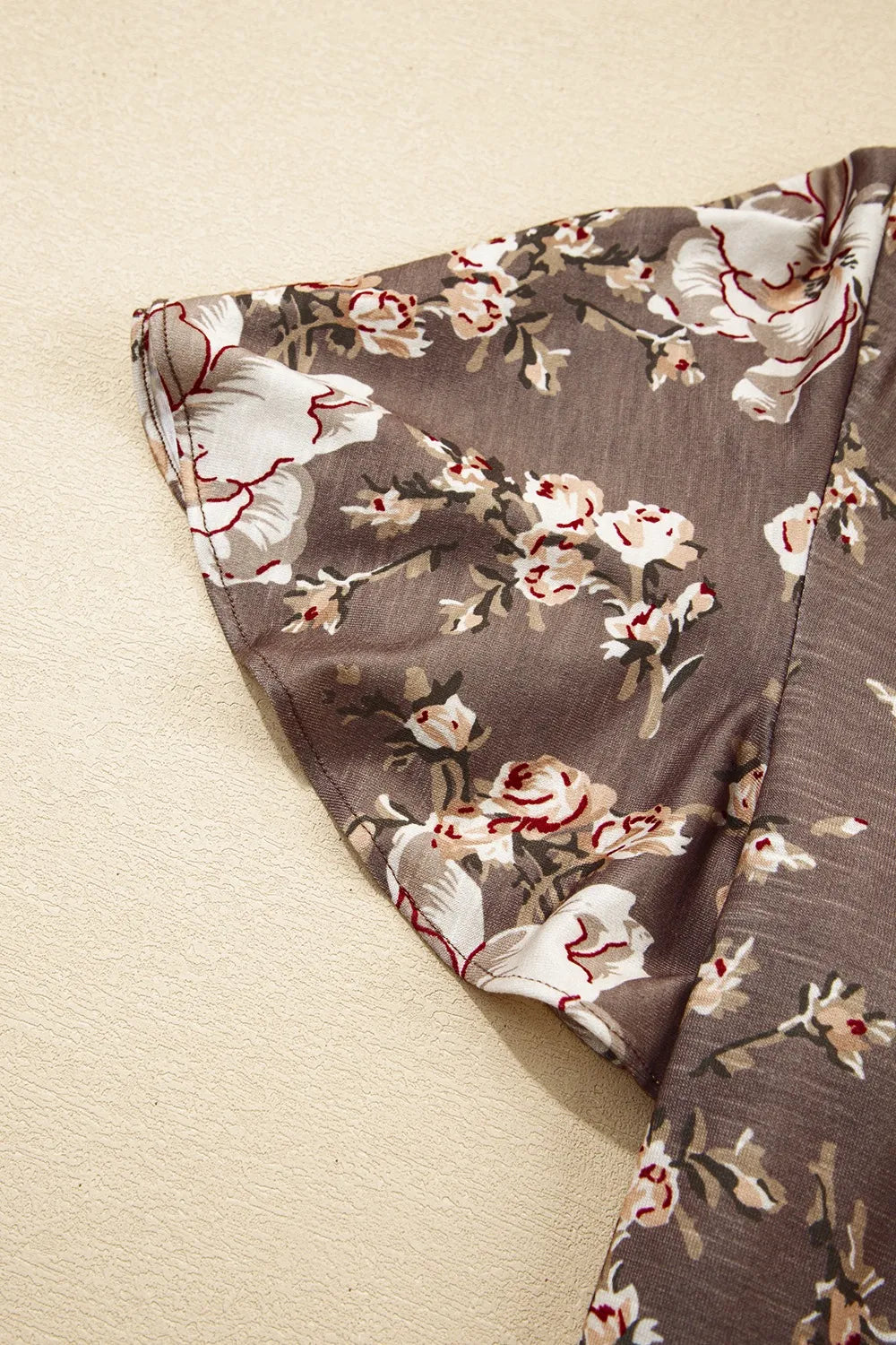 Floral Print Tassel Tie Split Neck Short Sleeve Blouse