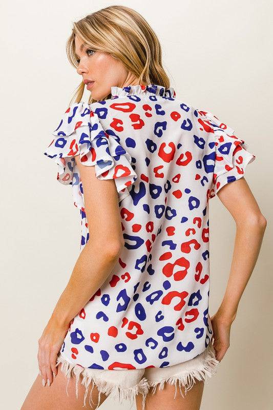 BiBi Leopard Notched Ruffled Cap Sleeve Blouse - Clothes For Her Online Store