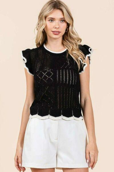 Mittoshop Openwork Contrast Trim Ruffled Cap Sleeve Knit Top - Clothes For Her Online Store