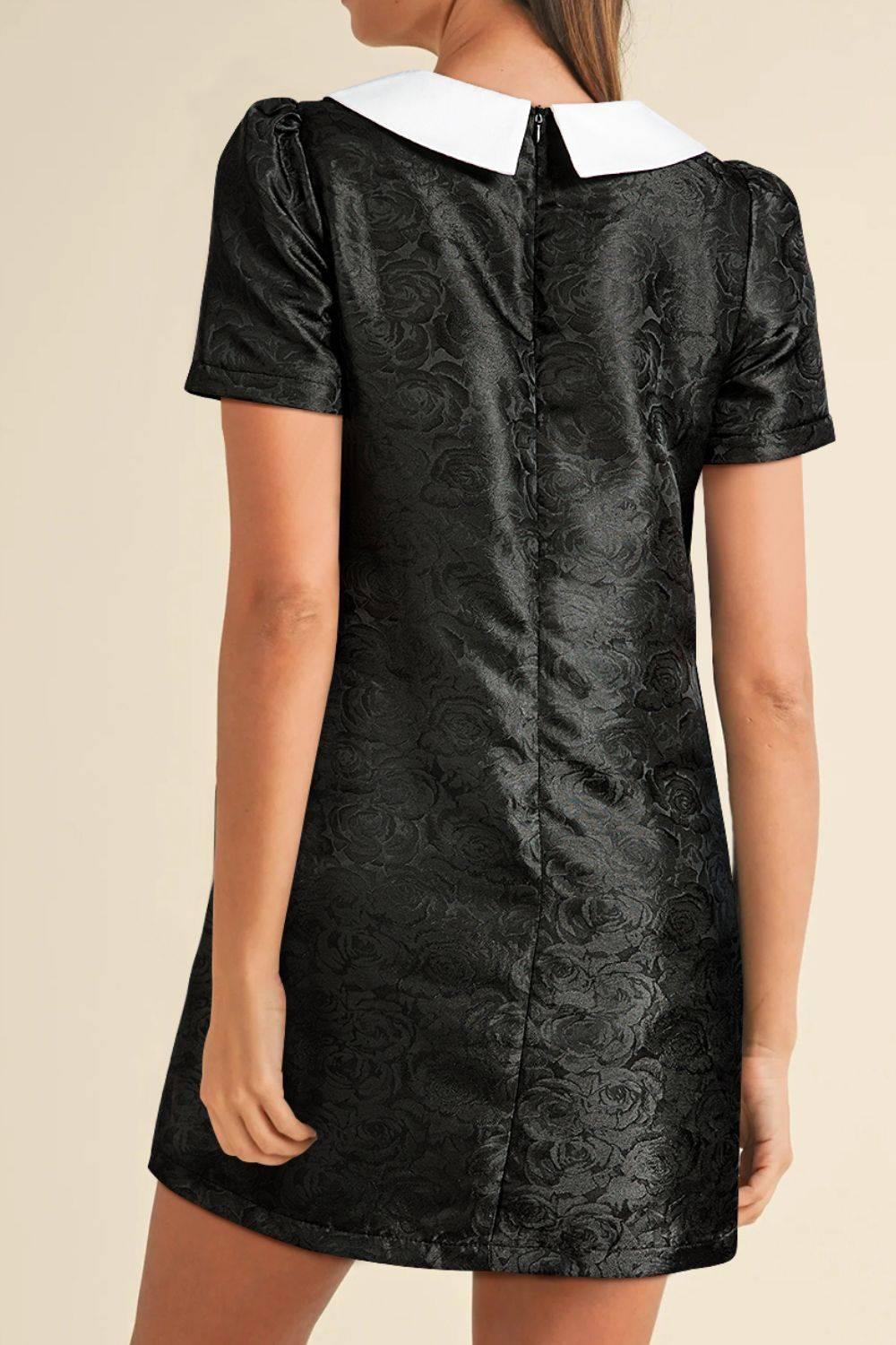 Floral Embossed Puff Sleeve Colorblock Bow Collared Mini Dress - Clothes For Her Online Store