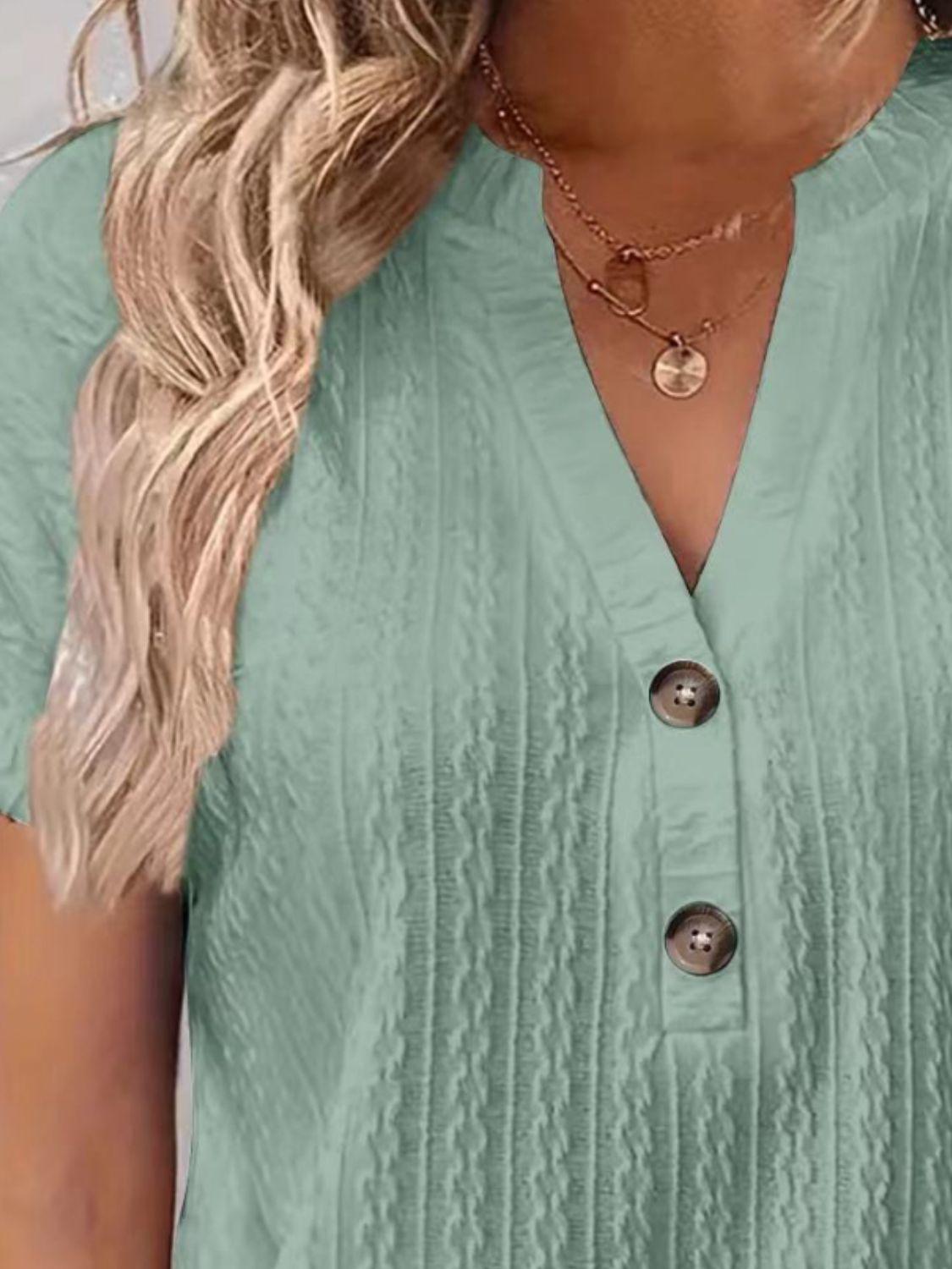 Textured Notched Short Sleeve Top - Clothes For Her Online Store