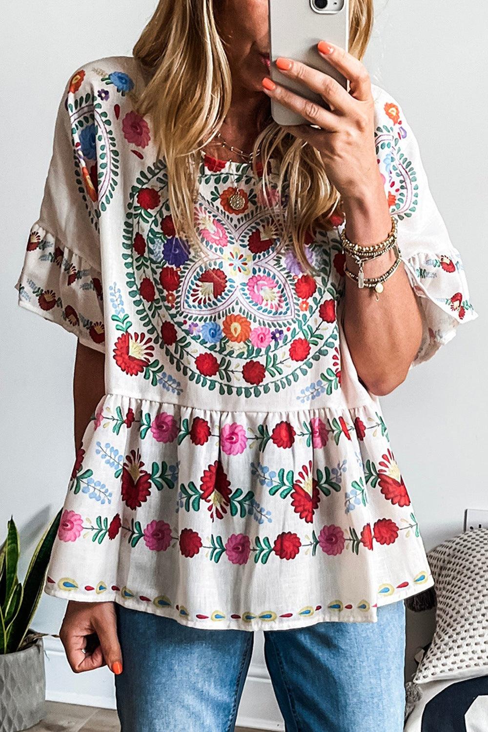 Floral Print Round Neck Ruffle Trim Blouse - Clothes For Her Online Store