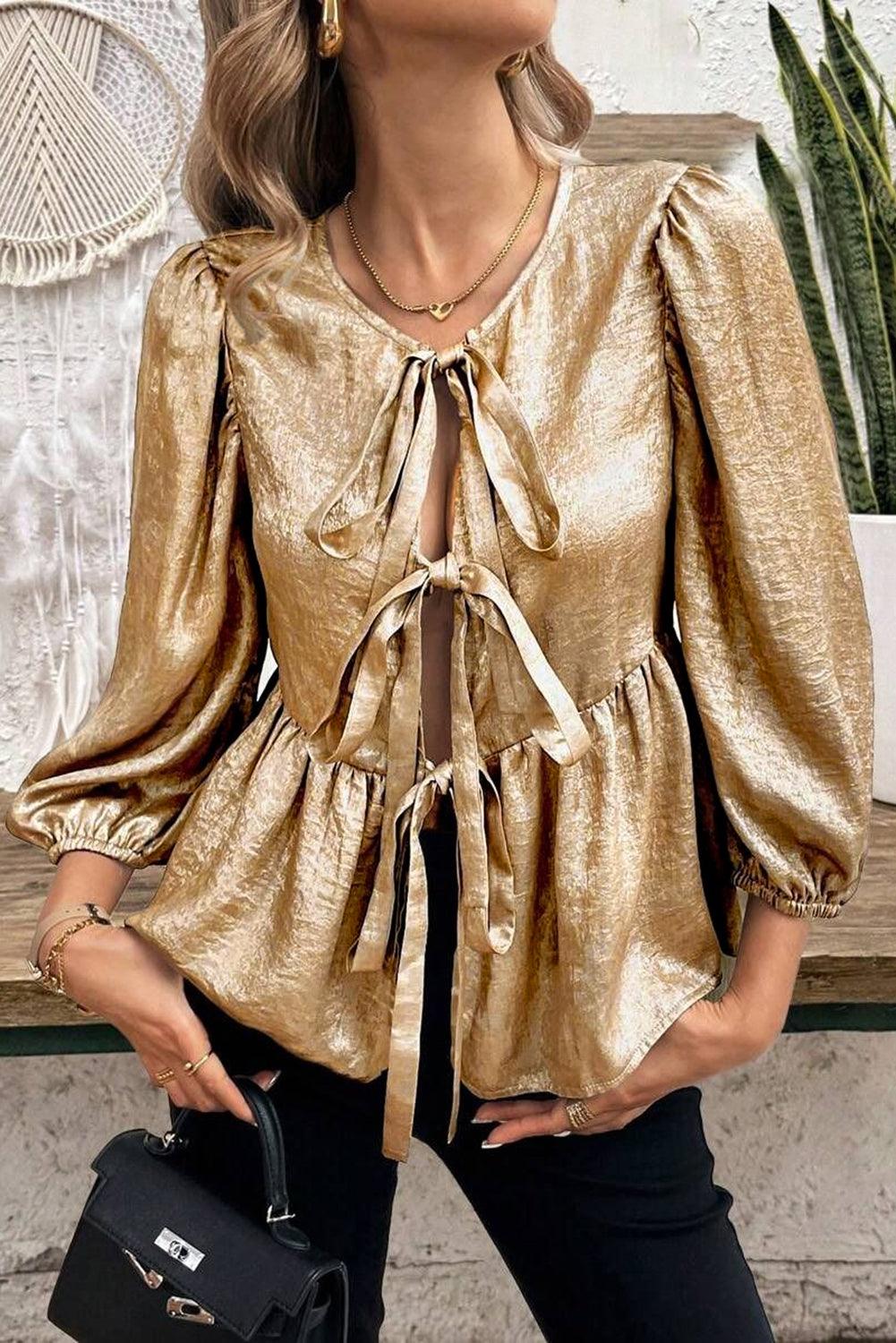 Tied Peplum Three-Quarter Sleeve Blouse - Clothes For Her Online Store
